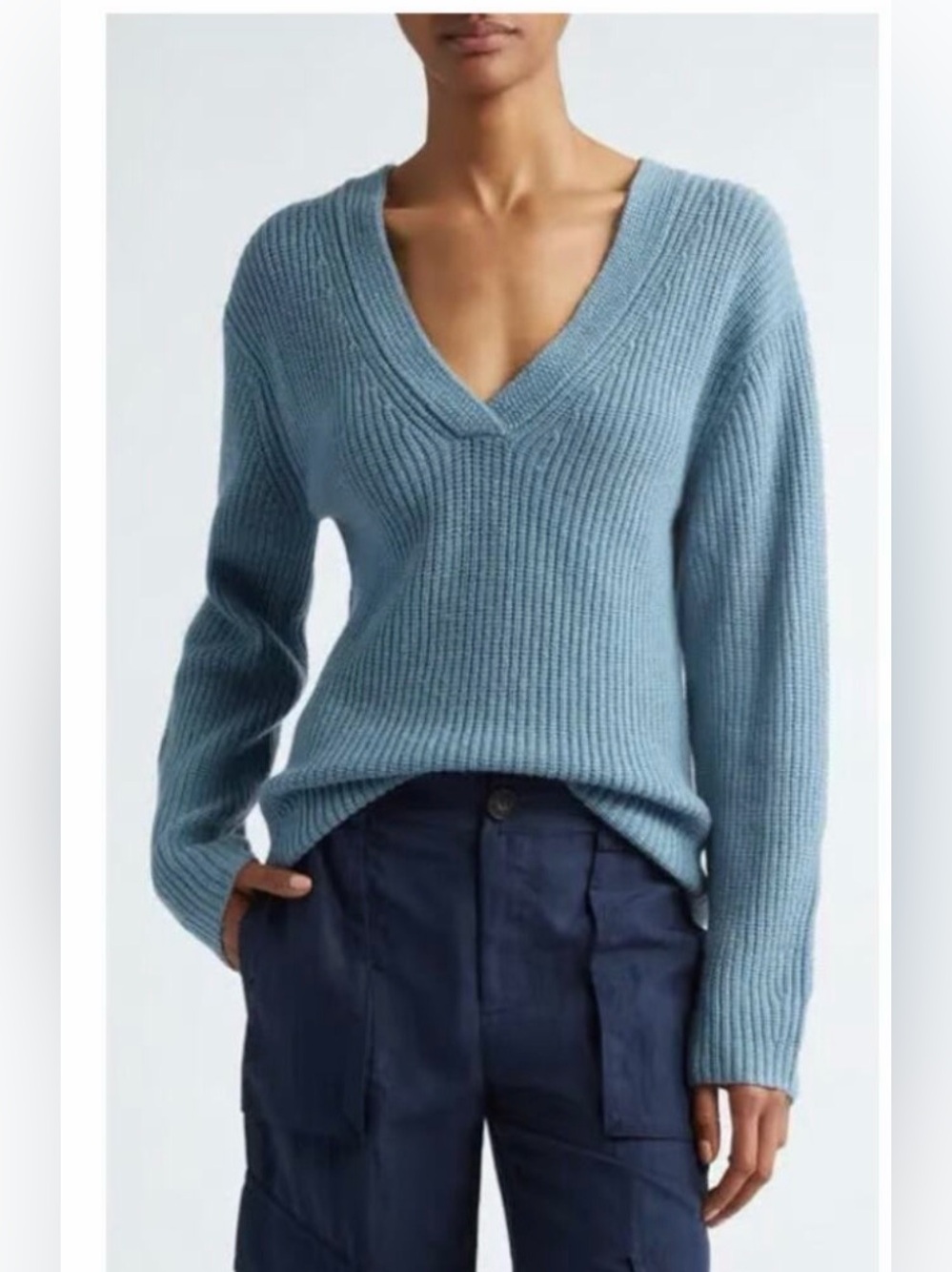 Vince Wool Cashmere V Neck Ribbed Sweater Blue NWOT Size Large